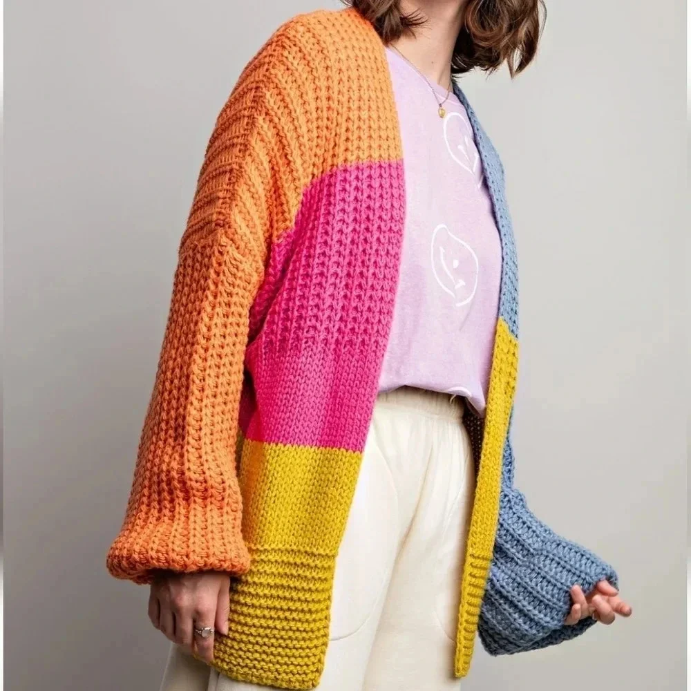 Easel Colorblock Chunky Knit Rainbow Sweater Cardigan New